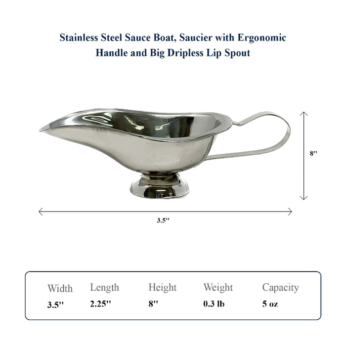 Stainless Steel Sauce Boat, Saucier With Ergonomic Handle And Big Dripless Lip Spout, Commercial Quality Sauce Boat 5 Oz