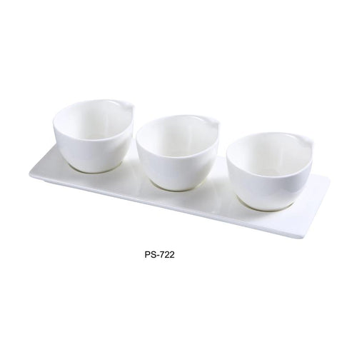Yanco PS-722 Three 3″ Cup with Tray Set, 4-oz/Well, 10.5″ Length x 3.5″ Width, Porcelain, Bone White (1Dz)
