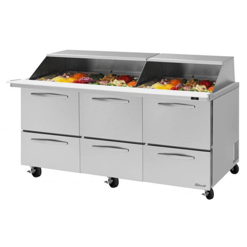 Turbo Air PST-72-30-D6-N-SL Rear Mount PRO Series Mega Top Sandwich/Salad Prep Table-Slide Lids with Three Sections 23.0 cu. ft