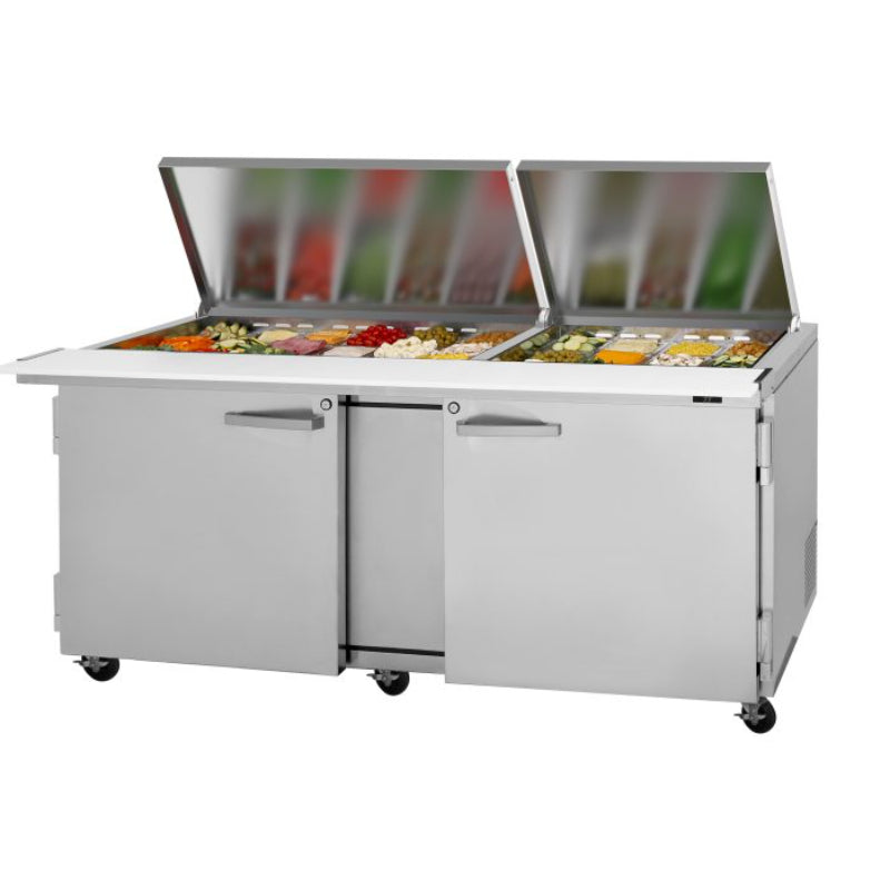 Turbo Air PST-72-30-N-FL Rear Mount PRO Series Mega Top Sandwich/Salad Prep Table-Flat Lid with Two Sections 23.0 cu. ft