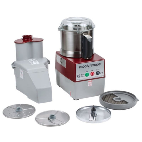 Robot Coupe R 2 DICE ULTRA Combination Food Processor with 3 Qt. Clear Bowl, Continuous Feed & 4 Discs - 2 hp