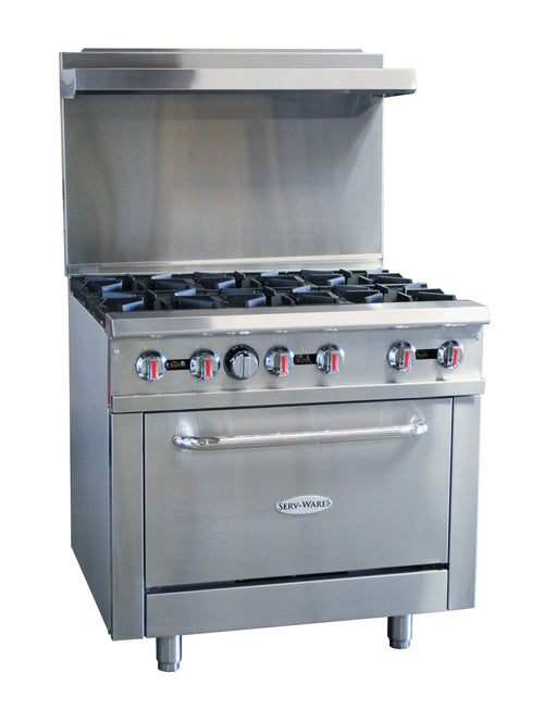 Serv-Ware SGR-6B-LP 36” Commercial Gas Range – 6 Burner Restaurant Stove with Oven, 211,000 BTU, Liquid Propane