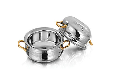 Hammered Stainless Steel Handi with Brass Handle – Perfect for Serving Indian Curries and Dal