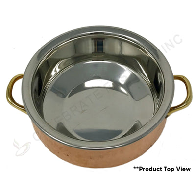 Copper handi bowl with stainless steel interior and decorative brass handle