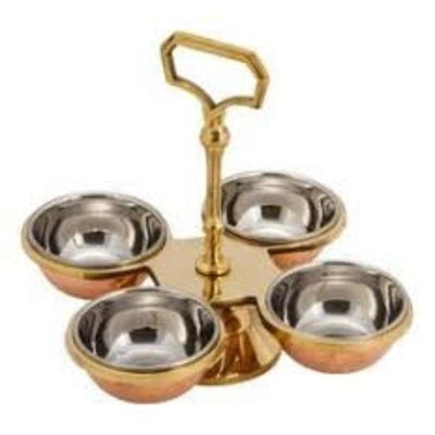 Elegant Copper & Stainless Steel 4-bowl serving stand with a brass base for chutney, pickle, or dips.