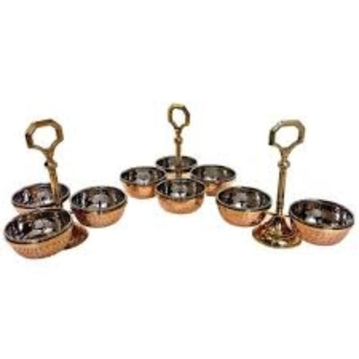 Stylish 4-bowl chutney serving stand made with copper and stainless steel, featuring a brass base.