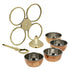 Chutney and dip serving stand with four bowls in copper and stainless steel, set on a brass base.