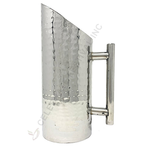 Handcrafted stainless steel beverage pitcher with glossy and brushed finishes