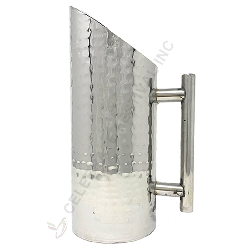 Handcrafted stainless steel beverage pitcher with glossy and brushed finishes