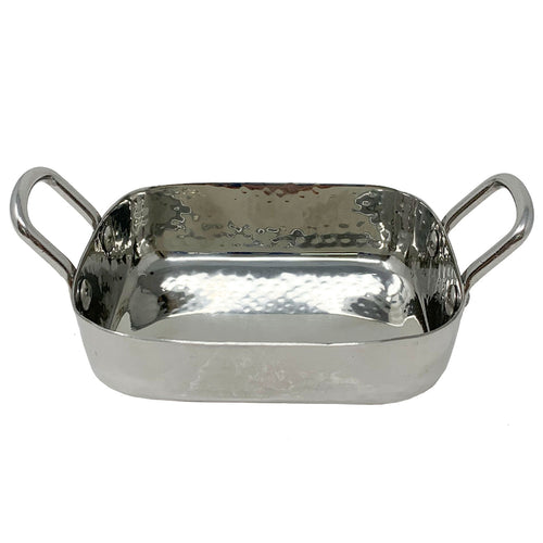 Hammered stainless steel rectangular serving pan with gold finish and stainless steel handle