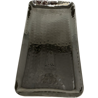 Rectangular stainless steel platter with hammered finish for food presentation
