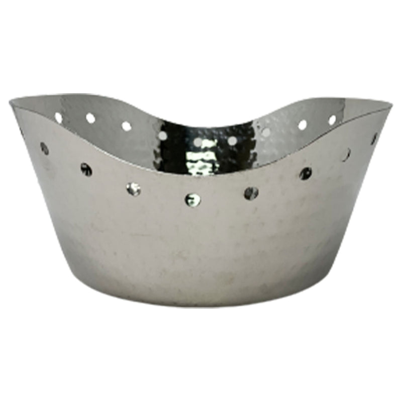 Round stainless steel bread basket with hammered finish