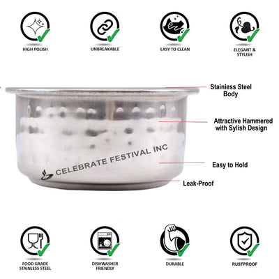 Stainless Steel 4 oz Hammered Katori Bowl with Matt Finish for Serving Traditional Indian Dishes