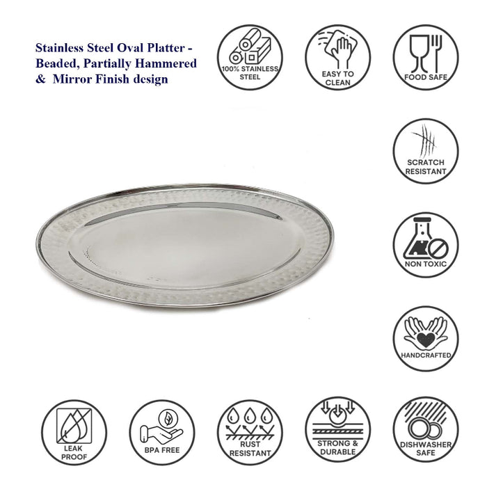 Stainless Steel Oval Platter-Beaded, Partially Hammered And Mirror Finish Design (Available in multiple sizes)