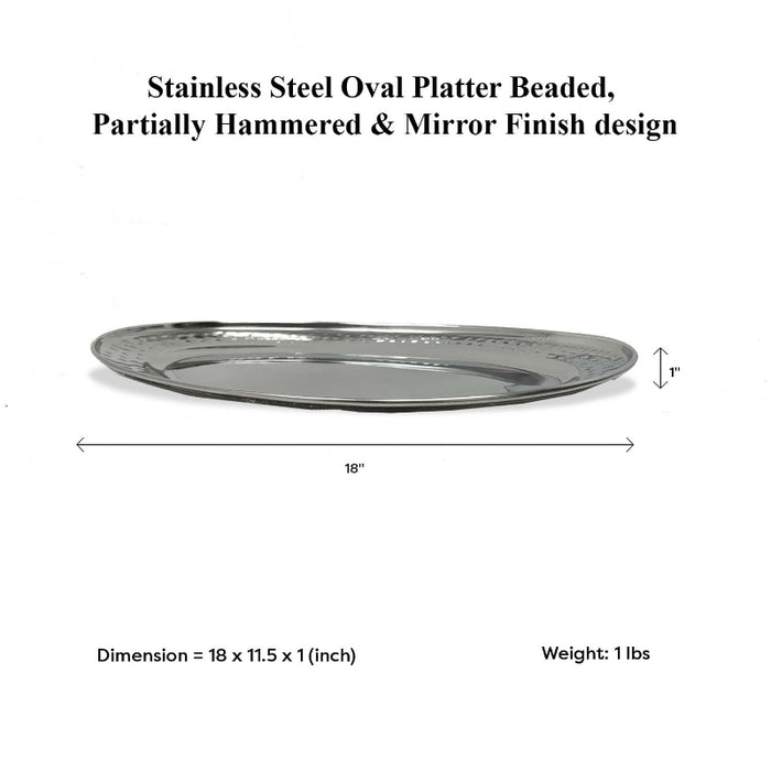 Stainless Steel Oval Platter-Beaded, Partially Hammered And Mirror Finish Design (Available in multiple sizes)