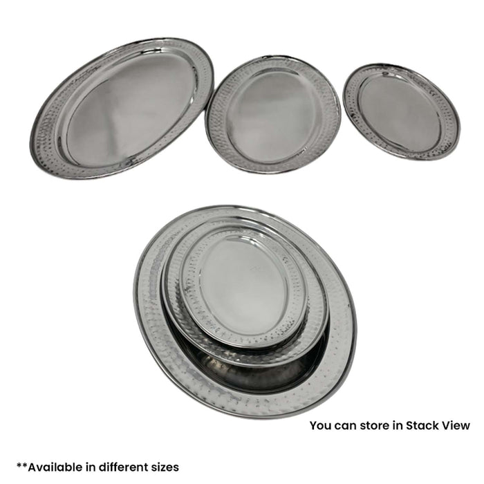 Stainless Steel Oval Platter-Beaded, Partially Hammered And Mirror Finish Design (Available in multiple sizes)