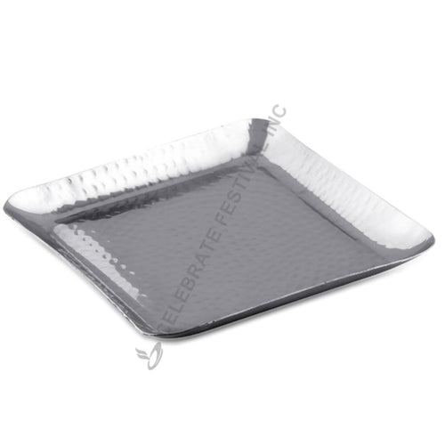Hammered stainless steel square serving platter with glossy finish