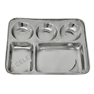SS 5-Compartment rectangular Mess Tray/Thali/ Plate - L 13
