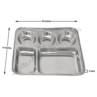 SS 5-Compartment rectangular Mess Tray/Thali/ Plate - L 13" x W 11"