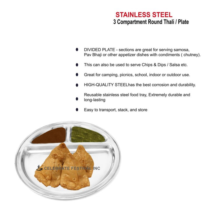 Stainless Steel Round Thali (Plate) with 3 Compartment