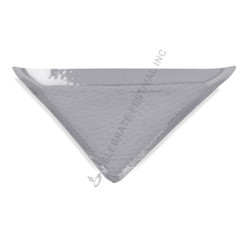 Triangle stainless steel plate with hammered finish on white background
