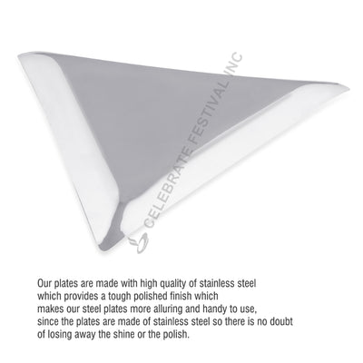 Food-safe stainless steel triangle platter with shiny finish