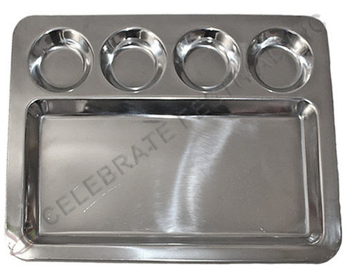 Stainless Steel Rectangular Dosa Mess Tray/ Thali with 4-Bowls and 1-compartment- 16"