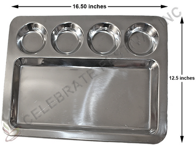 Stainless Steel Rectangular Dosa Mess Tray/ Thali with 4-Bowls and 1-compartment- 16"