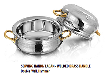 Stainless Steel Serving Handi with Welded Brass Handle - Hammered Design and Double Wall Insulation