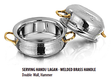 Stainless Steel Serving Handi with Welded Brass Handle (Double wall, Hammered) - Available in 3 sizes