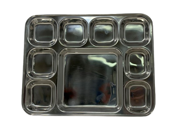 SS 9-Compartment rectangular Tray/Thali/ Plate -15.5''L x12"Wx1.25''H