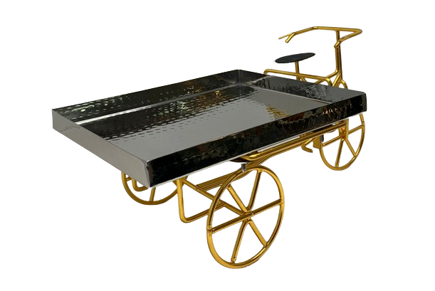 Two Tone Hammered Stainless Steel Serving Rickshaw Cart(Rectangle Platter)- Large