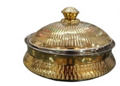Gold Polished : Stainless Steel Biryani and Curry Handi  with Lid– Double Wall Serveware for Traditional Indian Cooking Available in 24 oz,  30 Oz, 50 oz, 84 Oz, 166 Oz