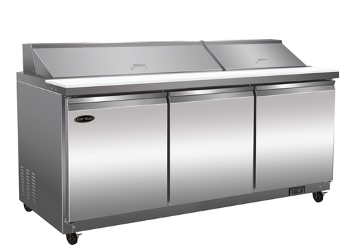 Serv-Ware SP72-20-HC-T 72" Refrigerated Sandwich & Salad Prep Counter – 20 Pan, 3 Door, Commercial Stainless Steel Prep Table