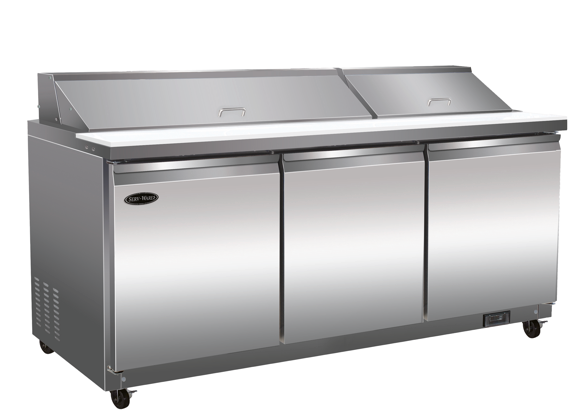 Serv-Ware SP72-20-HC-T 72" Refrigerated Sandwich & Salad Prep Counter – 20 Pan, 3 Door, Commercial Stainless Steel Prep Table