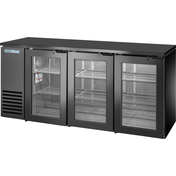 True TBB24-72-3G-Z1-BST-B-1 Glass Swing Door Back Bar 24″ Depth Single Zone Cooler with Black Sub Top and Black Exterior