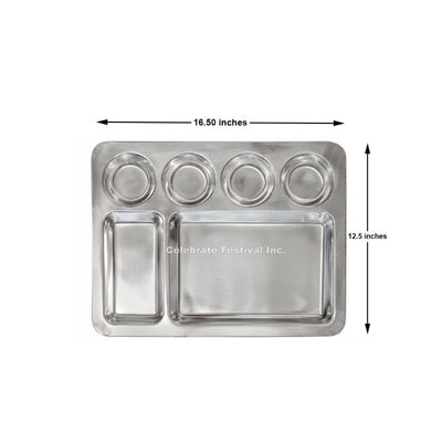 Stainless Steel Square Dosa Mess Tray - L 16" / 6 Compartment