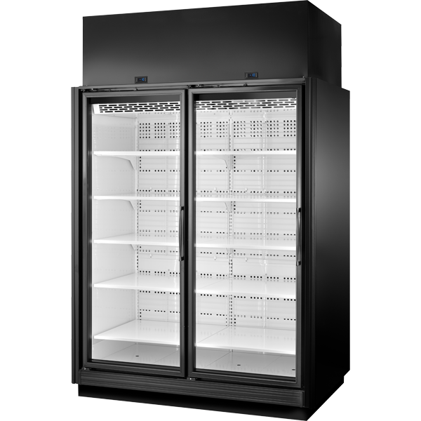 True TRM2L-NN-BLK-WHT-1BLKLL-4 True Retail Merchandiser • 2-Door • Low Temp – Finished Left Panel/Finished Right Panel – Black Exterior – White Interior – Aluminum Frame Black Doors • All Left Door Hinge – 4000K LED Lighting