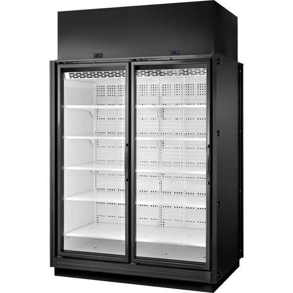 True TRM2L-NY-BLK-WHT-1BLKLL-4 True Retail Merchandiser • 2-Door • Low Temp – Finished Left Panel/In Line Right Panel – Black Exterior – White Interior – Aluminum Frame Black Doors • All Left Door Hinge – 4000K LED Lighting