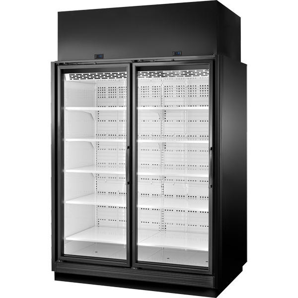 True TRM2L-YN-BLK-WHT-1BLKLL-4 True Retail Merchandiser • 2-Door • Low Temp – In Line Left Panel/Finished Right Panel – Black Exterior – White Interior – Aluminum Frame Black Doors • All Left Door Hinge – 4000K LED Lighting