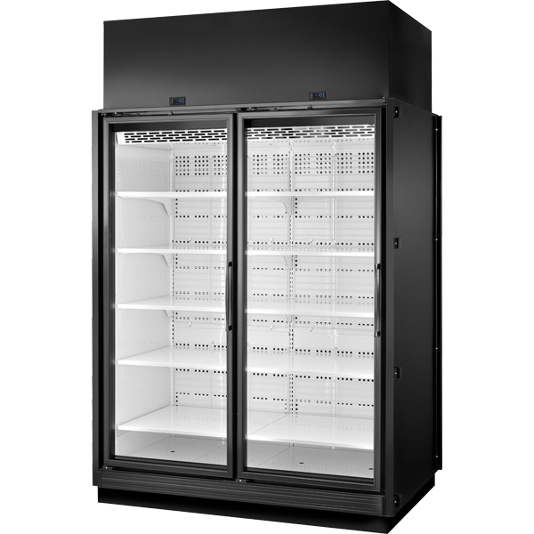 True TRM2L-YY-BLK-WHT-1BLKLL-4 True Retail Merchandiser • 2-Door • Low Temp – In Line Left Panel/Finished Right Panel – Black Exterior – White Interior – Aluminum Frame Black Doors • All Left Door Hinge – 4000K LED Lighting