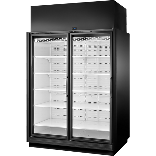 True TRM2M-NN-BLK-WHT-1BLKLL-4 True Retail Merchandiser • 2-Door • Medium Temp – Finished Left Panel/Finished Right Panel – Black Exterior – White Interior – Aluminum Frame Black Doors • All Left Door Hinge – 4000K LED Lighting