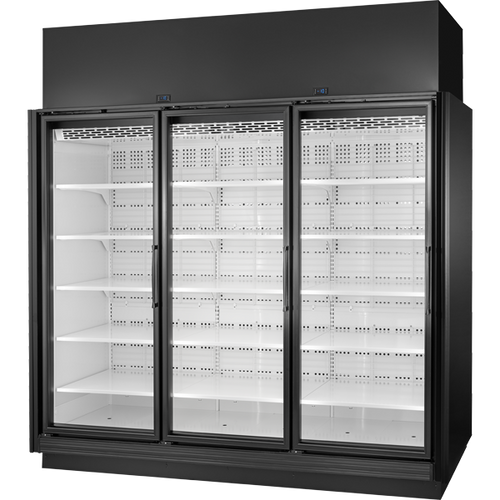 True TRM3L-NN-BLK-WHT-1BLKLLL-4 True Retail Merchandiser • 3-Door • Low Temp – Finished Left Panel/Finished Right Panel – Black Exterior – White Interior – Aluminum Frame Black Doors • All Left Door Hinge – 4000K LED Lighting