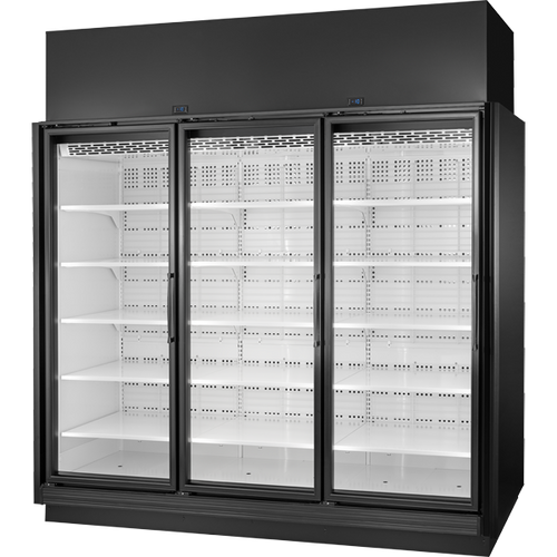 True TRM3L-YN-BLK-WHT-1BLKLLL-4 True Retail Merchandiser • 3-Door • Low Temp – In Line Left Panel/Finished Right Panel – Black Exterior – White Interior – Aluminum Frame Black Doors • All Left Door Hinge – 4000K LED Lighting