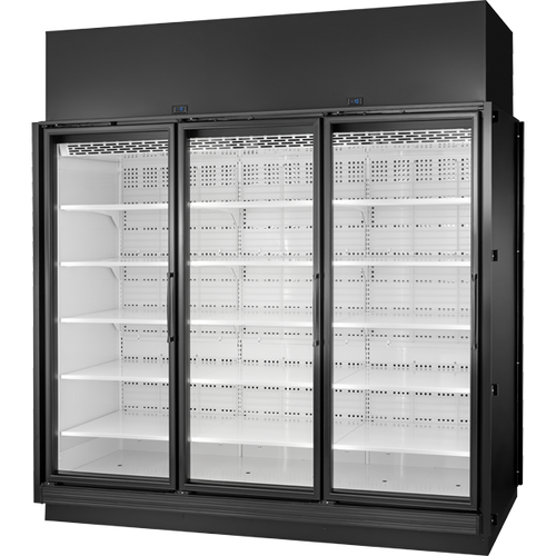 True TRM3L-YY-BLK-WHT-1BLKLLL-4 True Retail Merchandiser • 3-Door • Low Temp – In Line Left Panel/In Line Right Panel – Black Exterior – White Interior – Aluminum Frame Black Doors • All Left Door Hinge – 4000K LED Lighting
