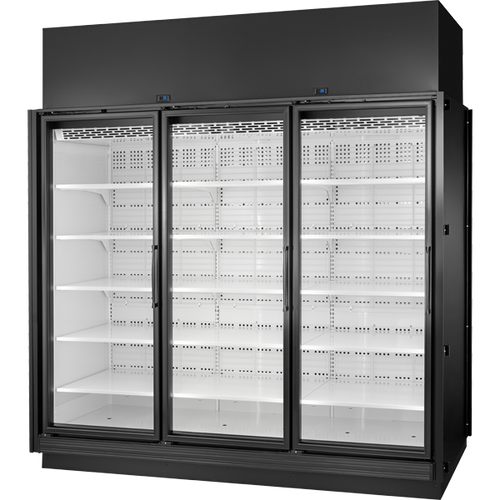 True TRM3M-NY-BLK-WHT-1BLKLLL-4 True Retail Merchandiser • 3-Door • Medium Temp – Finished Left Panel/In Line Right Panel – Black Exterior – White Interior – Aluminum Frame Black Doors • All Left Door Hinge – 4000K LED Lighting