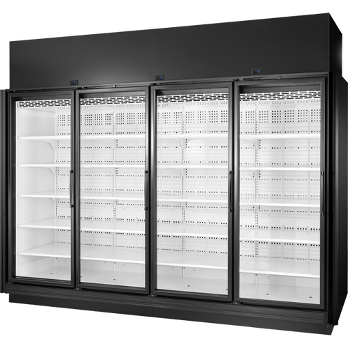 True TRM4L-NN-BLK-WHT-1BLKLLLL-4 True Retail Merchandiser • 4-Door • Low Temp – Finished Left Panel/Finished Right Panel – Black Exterior – White Interior – Aluminum Frame Black Doors • All Left Door Hinge – 4000K LED Lighting