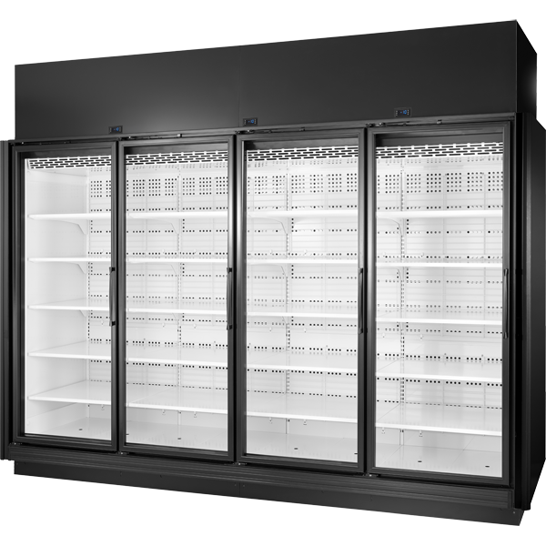 True TRM4L-NN-BLK-WHT-1BLKLLLL-4 True Retail Merchandiser • 4-Door • Low Temp – Finished Left Panel/Finished Right Panel – Black Exterior – White Interior – Aluminum Frame Black Doors • All Left Door Hinge – 4000K LED Lighting