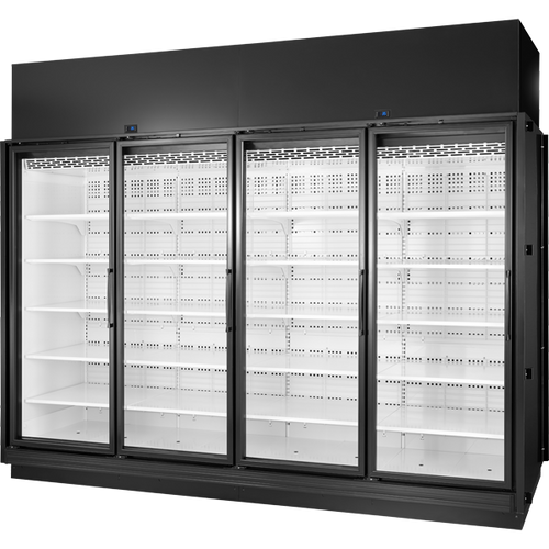 True TRM4M-YY-BLK-WHT-1BLKLLLL-4 True Retail Merchandiser • 4-Door • Medium Temp – In Line Left Panel/In Line Right Panel – Black Exterior – White Interior – Aluminum Frame Black Doors • All Left Door Hinge – 4000K LED Lighting