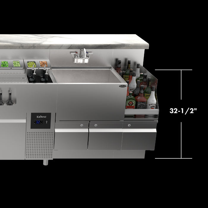 Krowne Alchemist One Twenty Two – 122″ Premium Stainless Steel Bar Station with Refrigerated Base (Model AL24-AL122-R)
